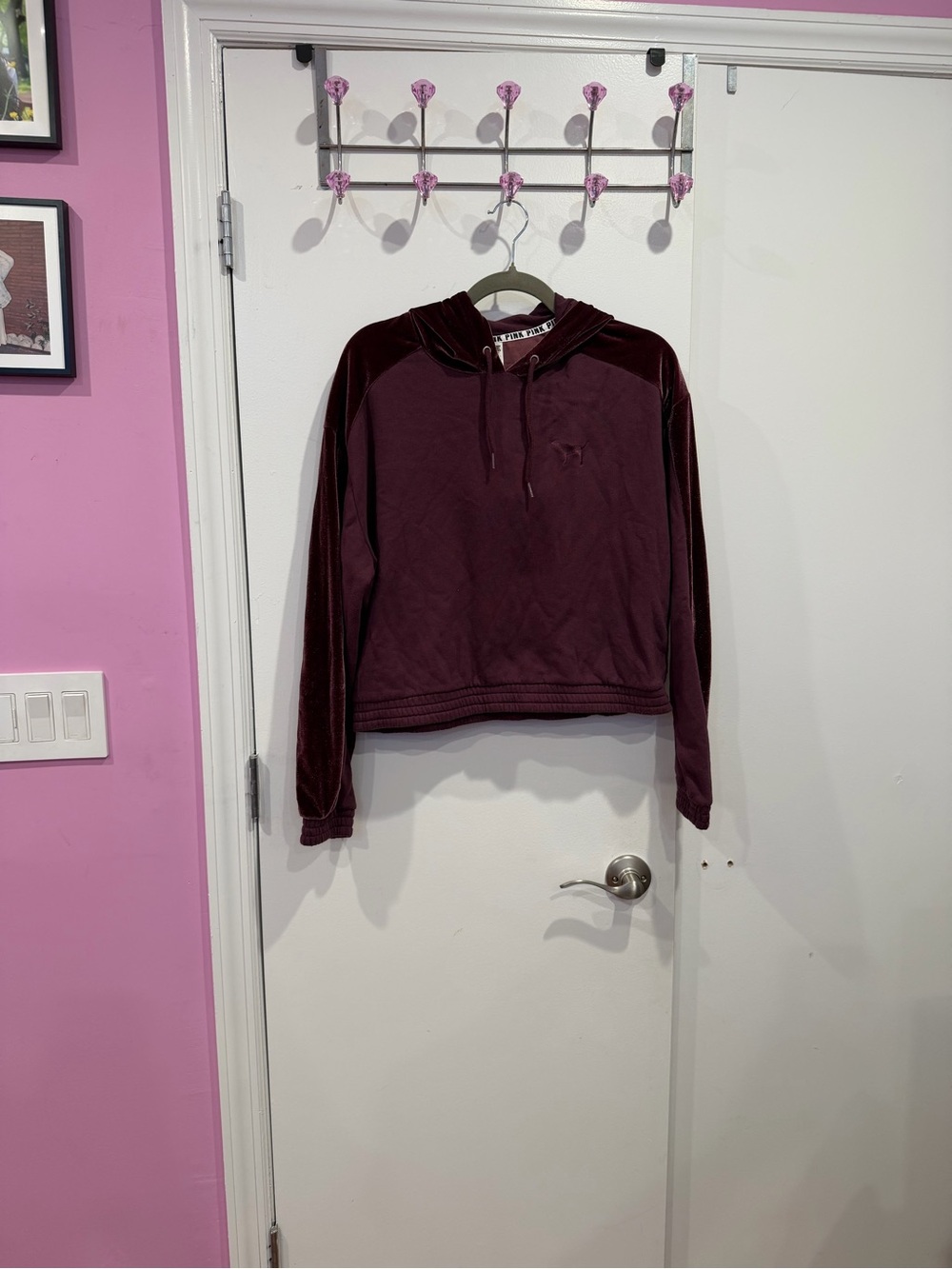 Pink Velvet/Fleece Cropped Pullover Hoodie